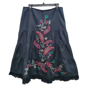 Carole Little Women's Black 100% Silk Boho Embroidered Beaded Paisley Skirt Sz 8